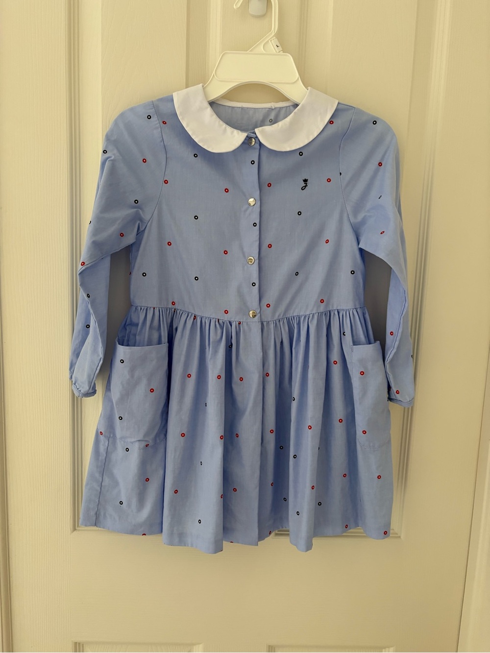 Jacadi Girls' Light Blue Peter Pan Collar Dress with Dot Embroidery